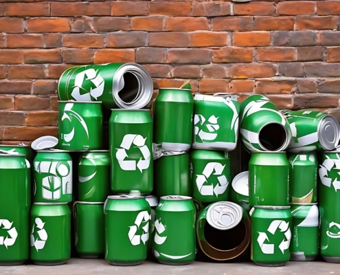 Many green cans with recycling symbols are stacked up in front of a wall symbolizing the new recycling goals.