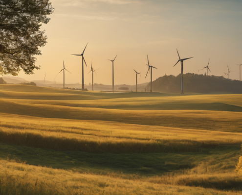 A field with wind mills on it to represent green energy and the revolution of sustainability in Europe.